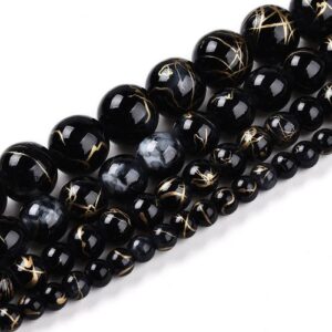 Marbled Glass Beads - Galaxy Black. The beads come in 4 sizes as shown in the picture and are a mixture of black and grey with golden streaks throughout.