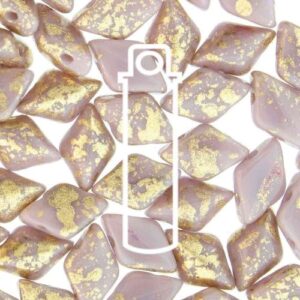 8x5mm Gemduo Bead - Gold Splash Purple. A speciality bead with a purple base and splashes of gold over the surface of the bead. The beads are diamond shaped with 2 holes in.