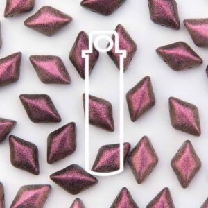 8x5mm Gemduo Bead - Polychrome Plum. A speciality bead with a matte purple finish. The beads are diamond shaped with 2 holes in.