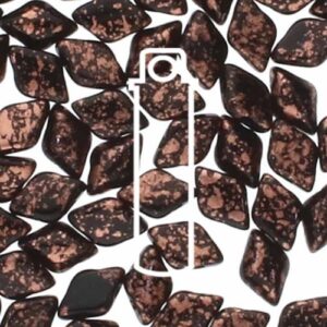 8x5mm Gemduo Bead - Copper Splash Jet. A speciality bead with a black base and splashes of copper over the surface of the bead. The beads are diamond shaped with 2 holes in.
