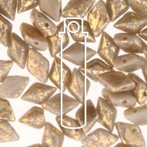 8x5mm Gemduo Bead - Gold Splash Grey Opaque. A speciality bead with a grey base and splashes of gold over the surface of the bead. The beads are diamond shaped with 2 holes in.