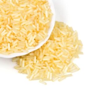 6mm Glass Bugle Beads - Lemon. These tubular beads have a hole passing through the length of the bead and are a shade of pastel.